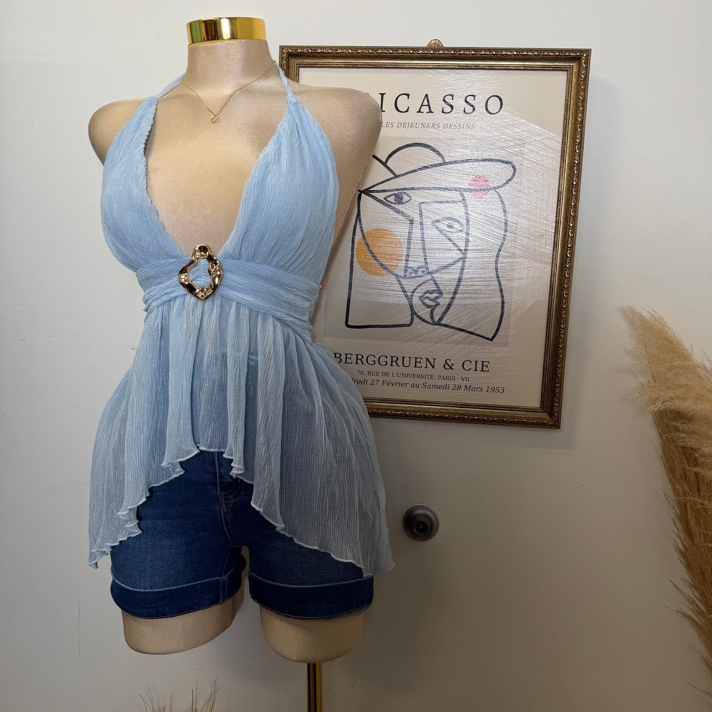 Textured Open back Top With Trim-Blue