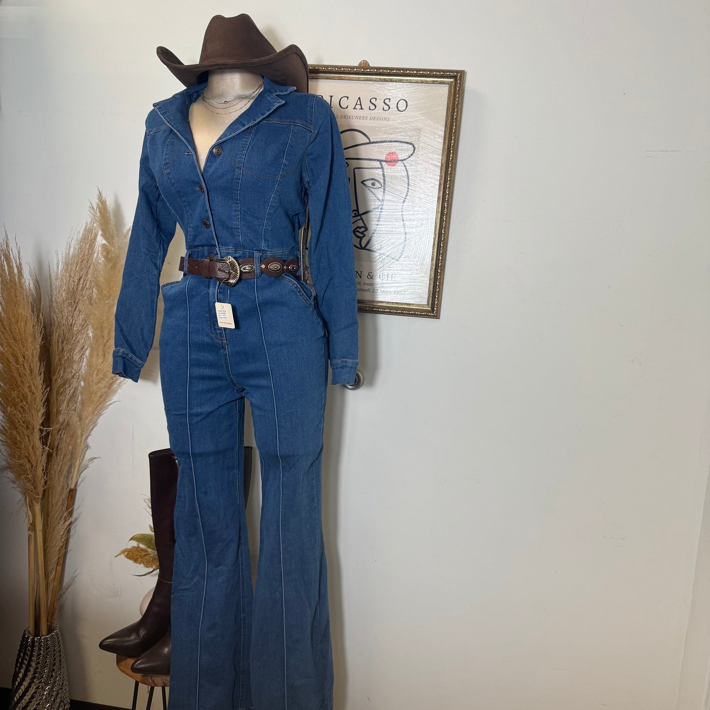 Denim Button Long Sleeve Jumpsuit -Dk denim