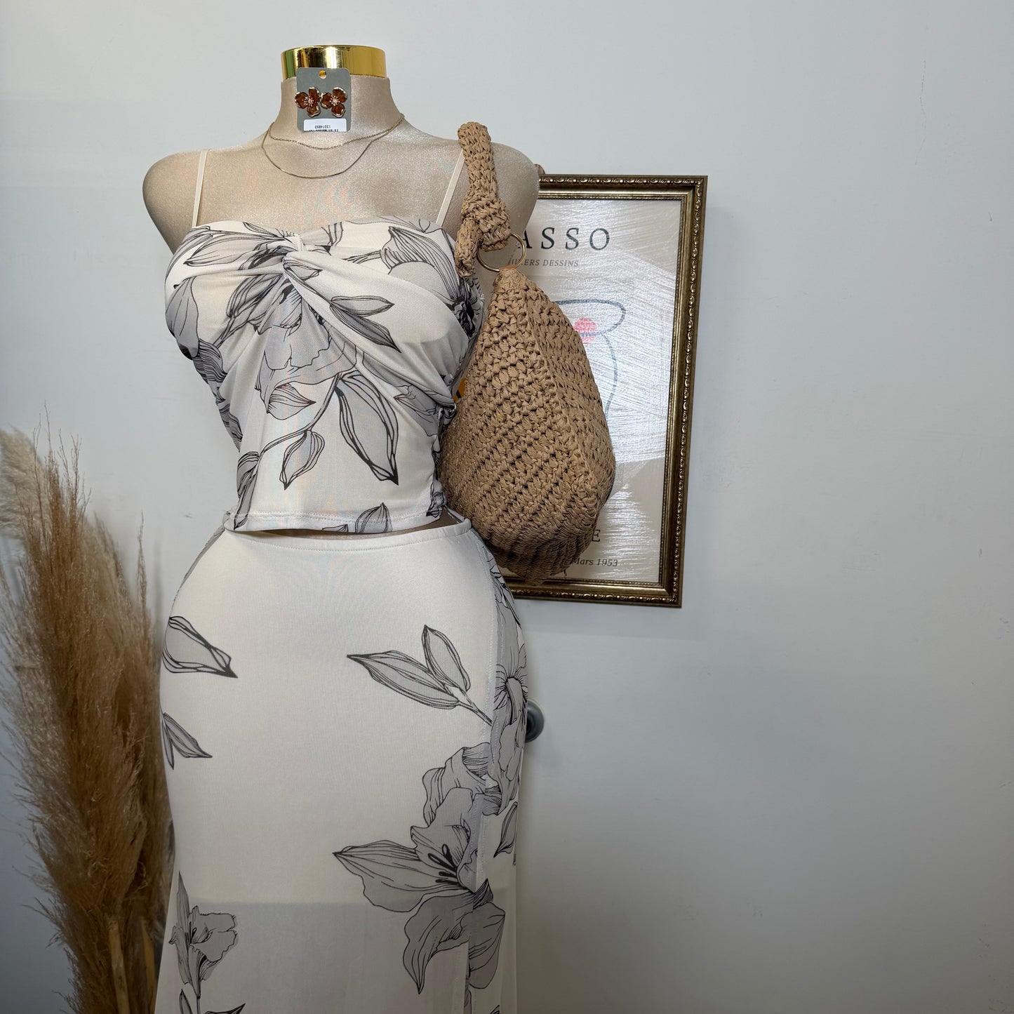 Mesh Print Twist Cami Top & Slit Maxi Skirt-Sand/Brown