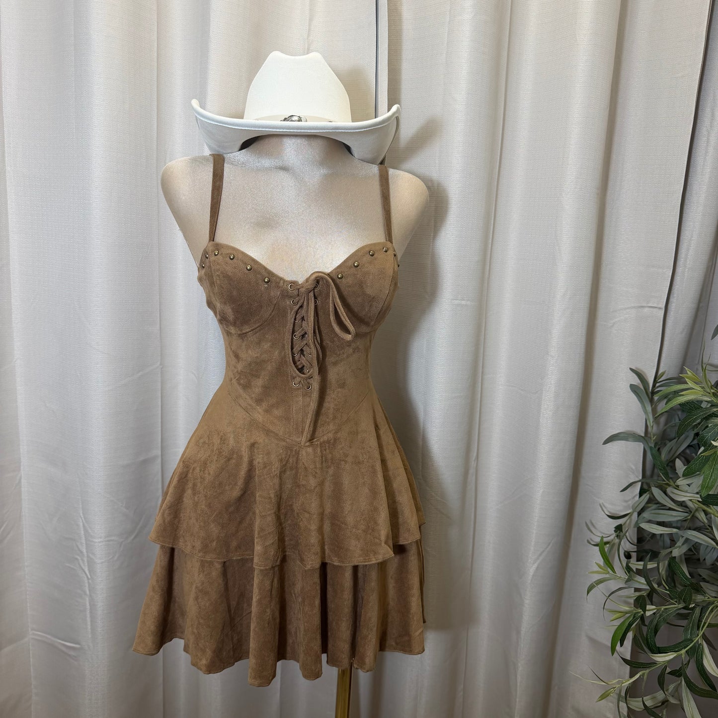 Studded Lace Up Tiered Mini Dress-Brown