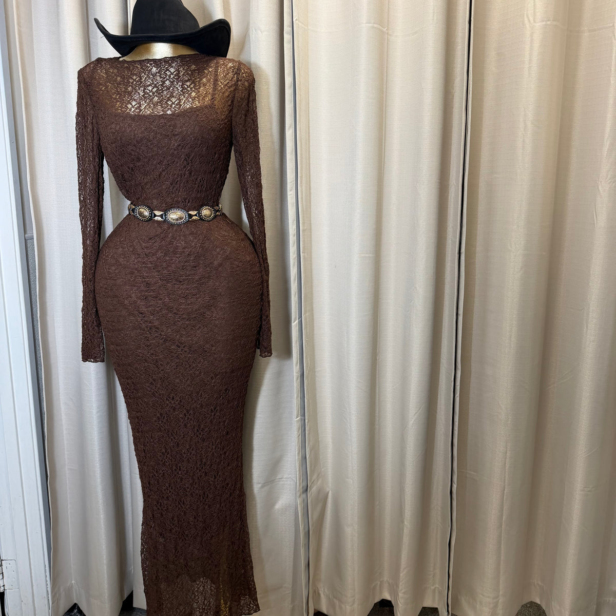 PL- Long sleeve Lace Midi Dress-Brown