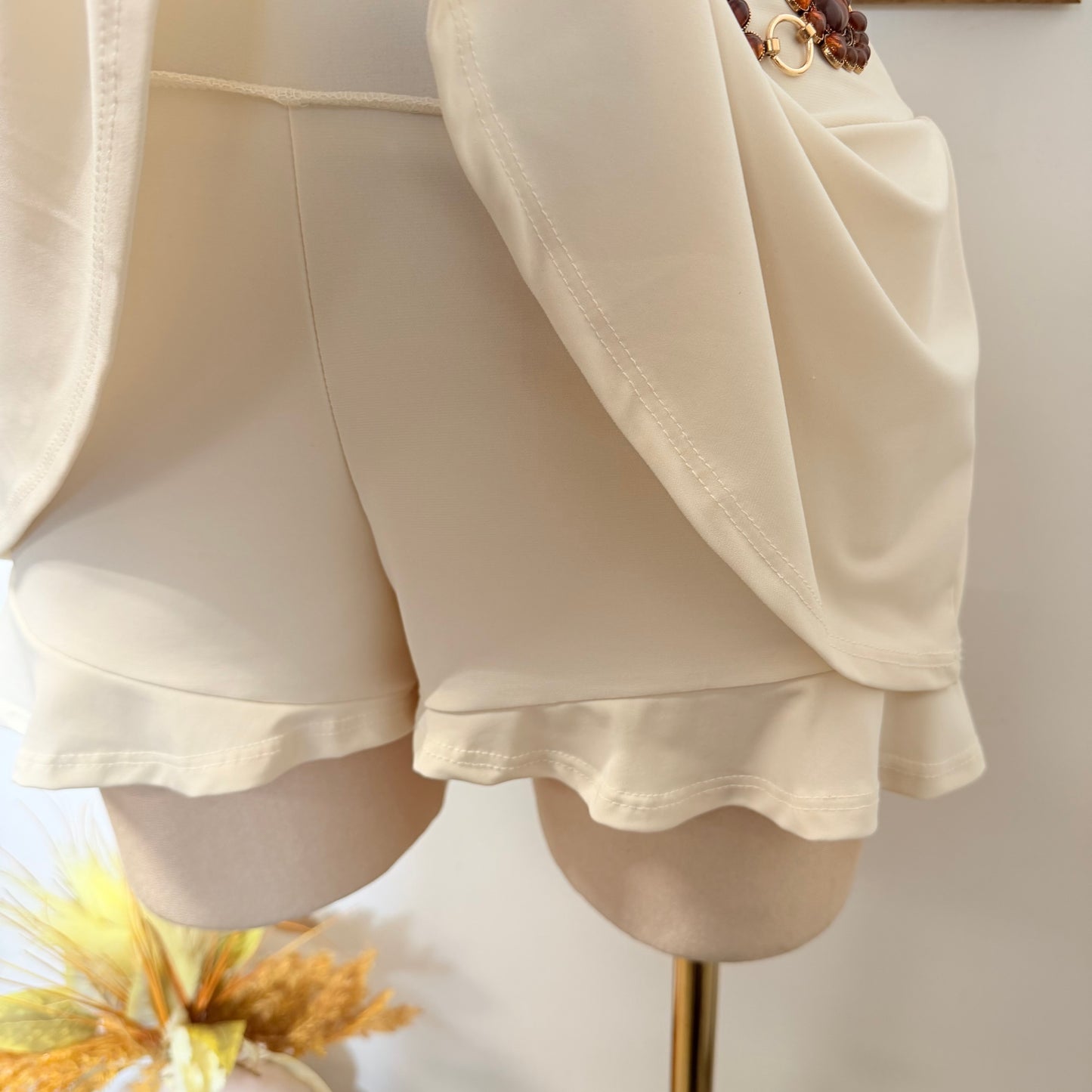 Sleeveless Open Back Halter Ruffle Romper-Beige