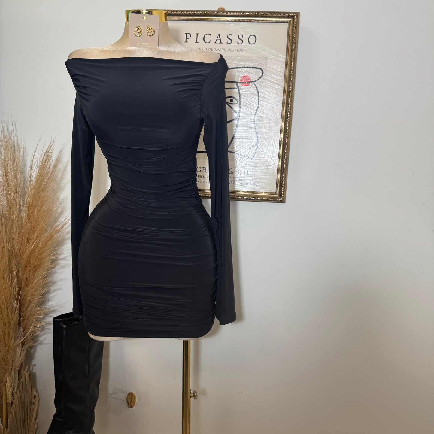 Long Bell Sleeve Boat Neckline Mini Dress-Black