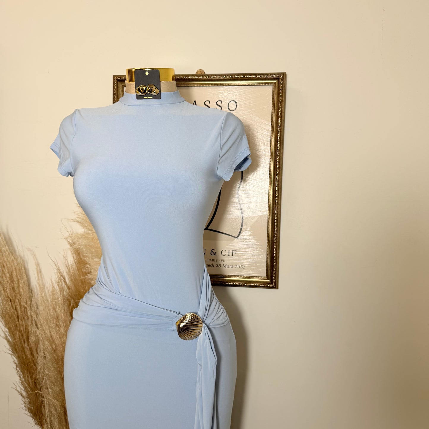 Shelf Gold Trim with Sash Detail Midi Dress-Blue
