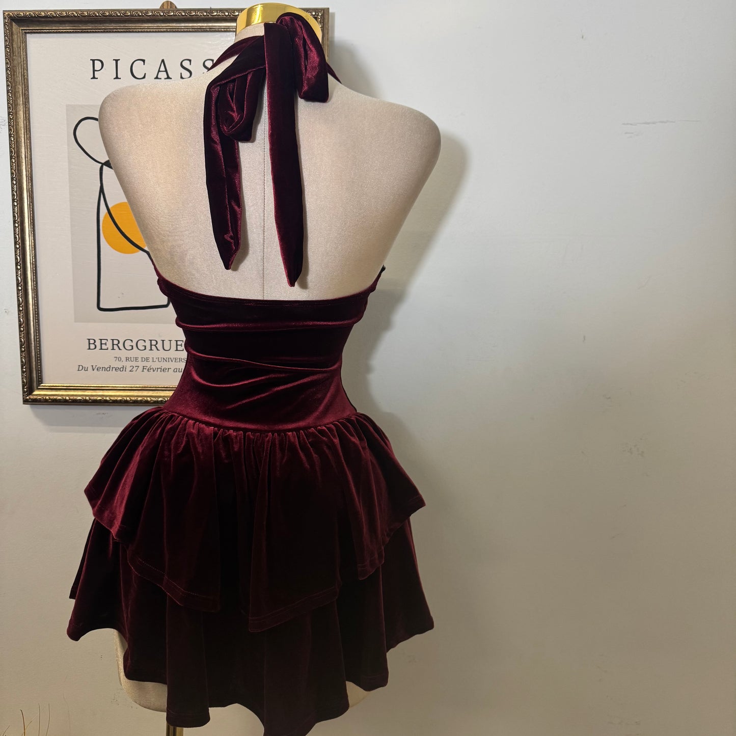 Velvet Halter Double Layer Fit and Flare Dress-Burgundy