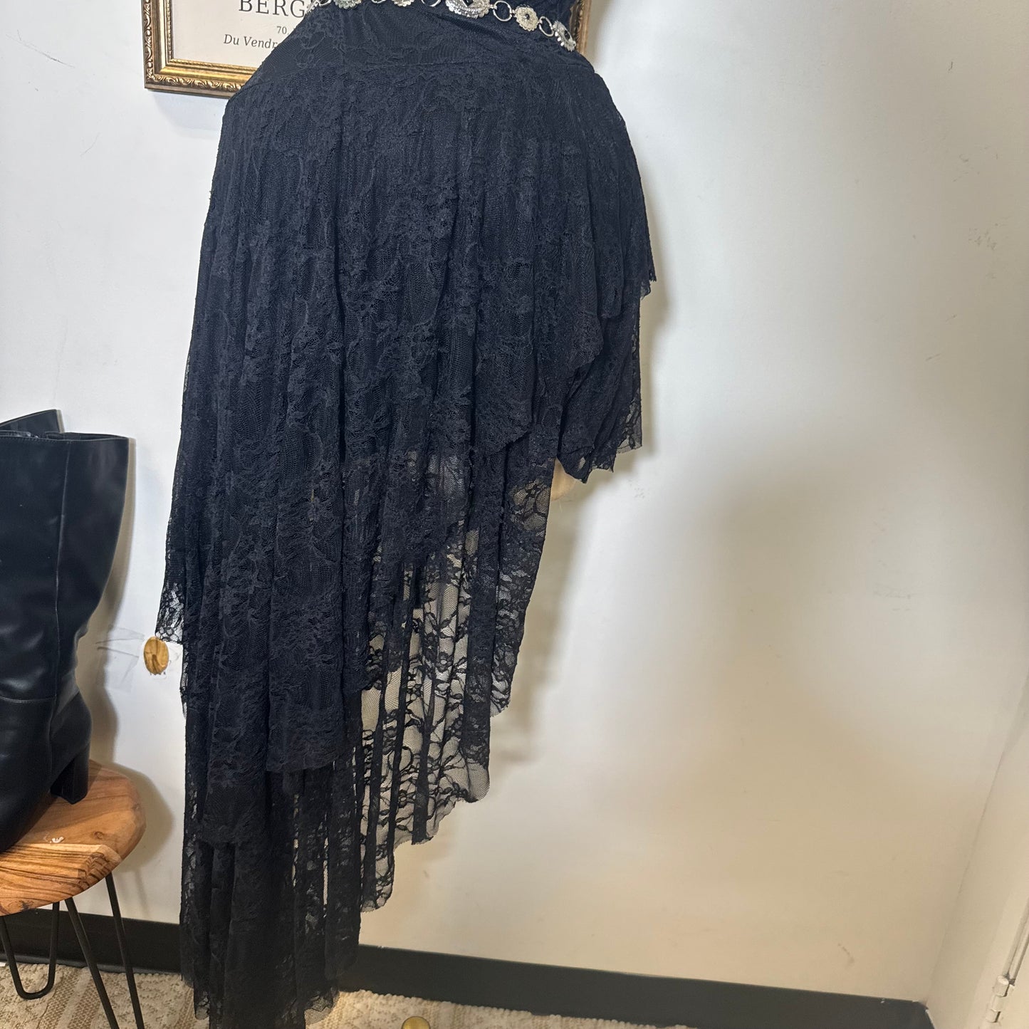 Lace Double Layer Ruffle Asymmetrical Maxi Dress-Black