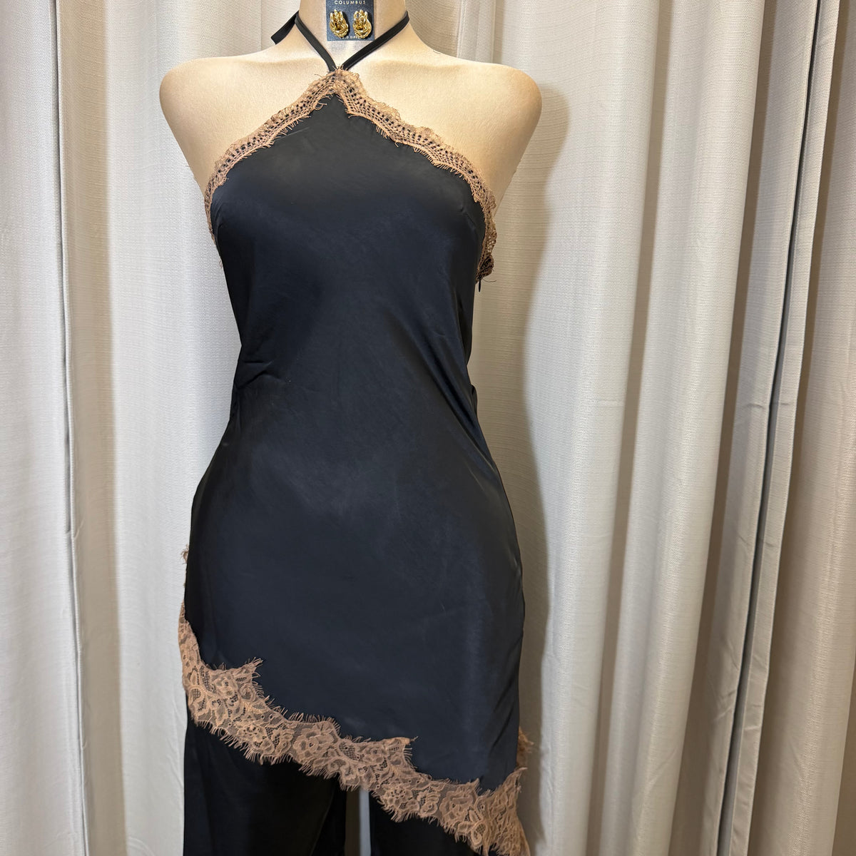 Contrast Lace Trim Satin Halter Jumpsuit-Black/brown