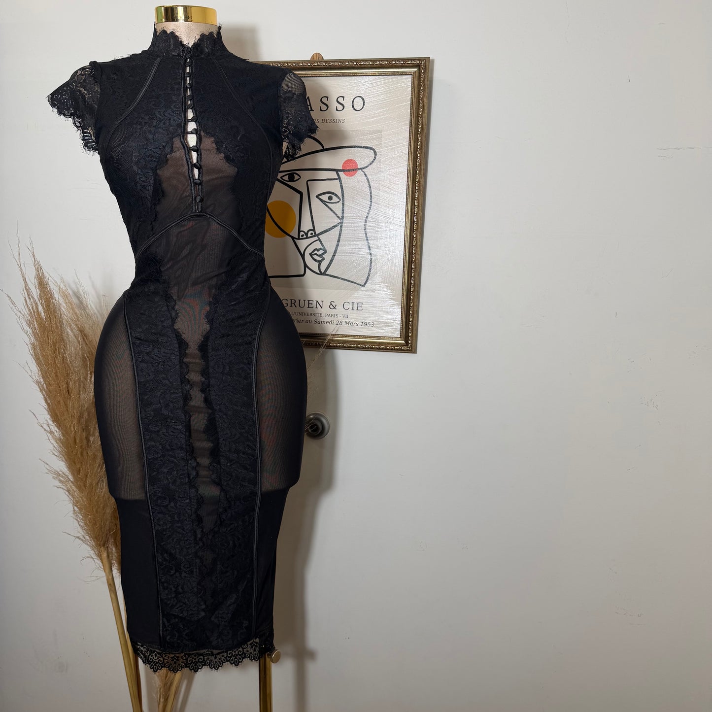Lace Midi Dress-Black