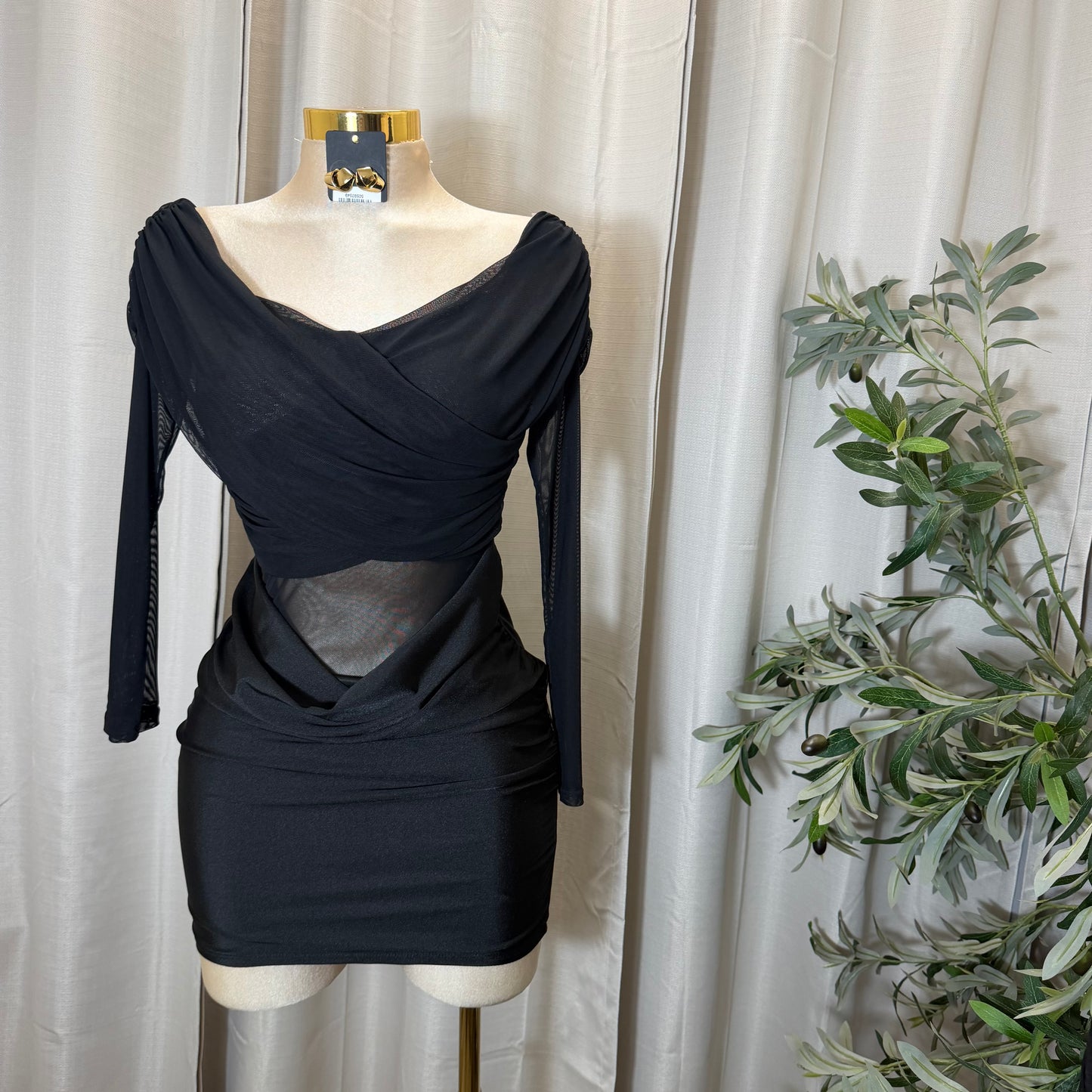 Long sleeve Mesh Dress-black