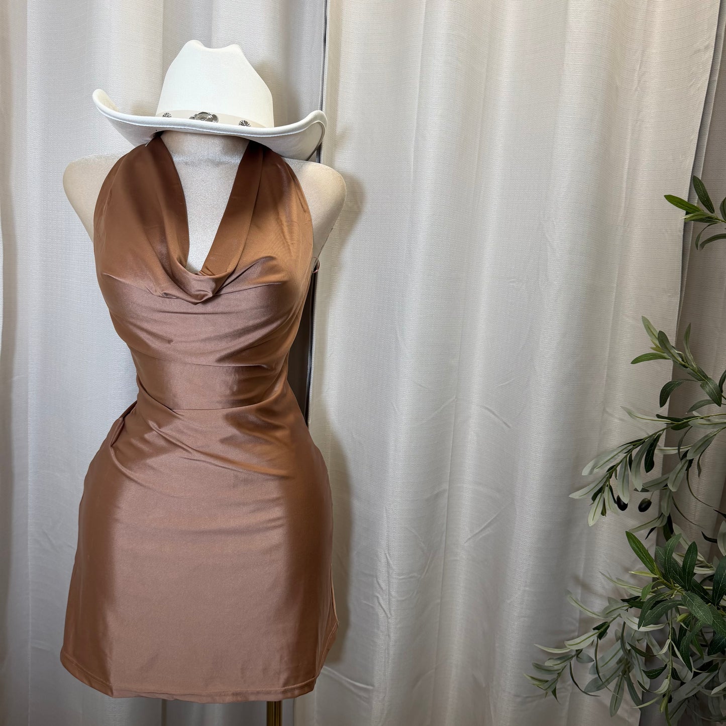 Satin Halter Dress-Brown