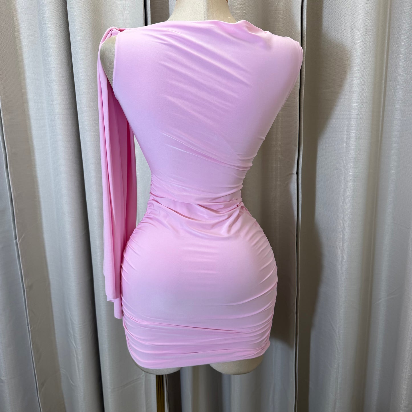 Off Shoulder Ruched Side Tie Mini Dress-Baby Pink