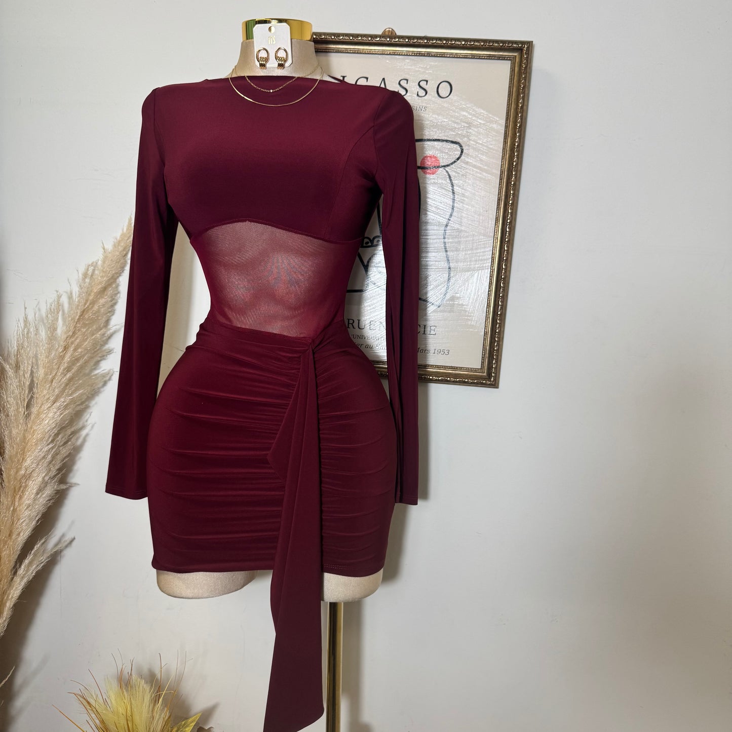 Knit Mesh Mini Dress-Burgundy