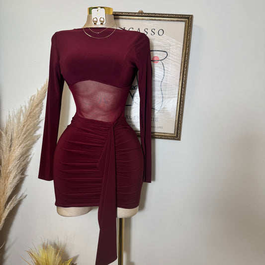 Knit Mesh Mini Dress-Burgundy