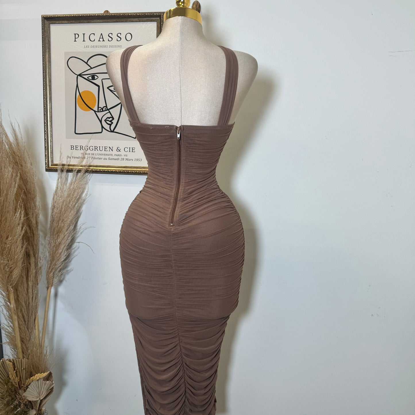 Inara Mesh Twist Halter Neck Midi Dress-Brown