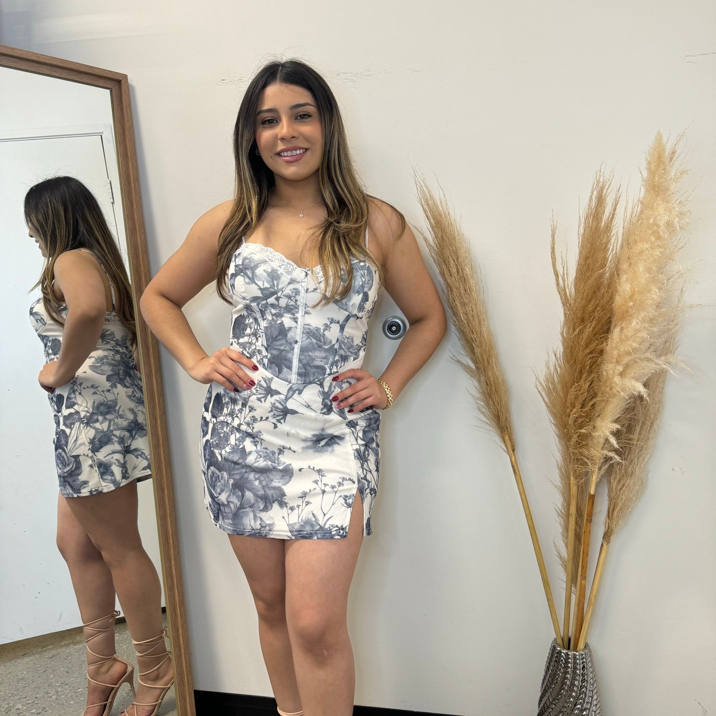 Luxe Floral Mesh Lace Strim Mini Dress-Blue/White