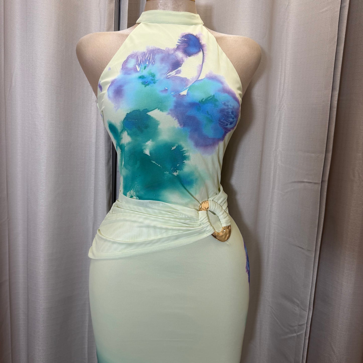 Flower Print Mesh Midi Dress-Yellow/Turquoise combo