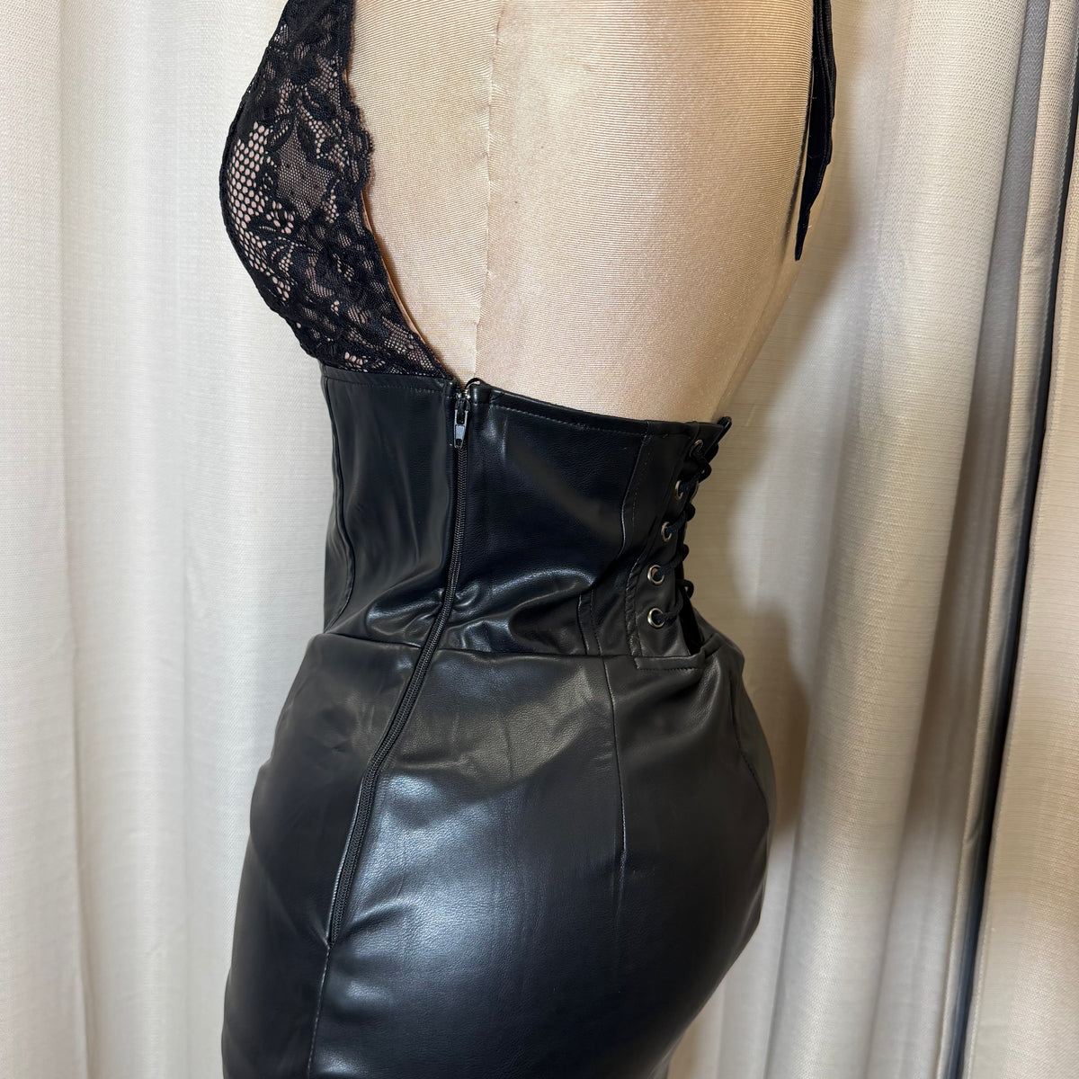 Leather Lace Halter Bodycon Mini Dress-Black