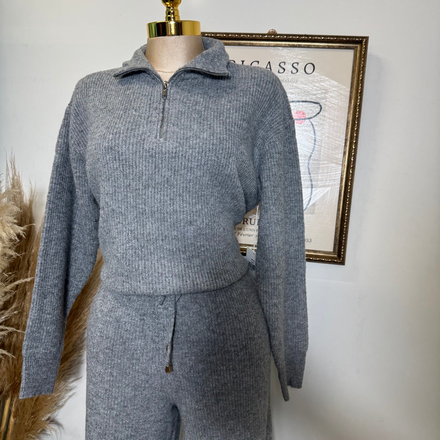 Quarter zip sweater and Pants Set-Heather Gray