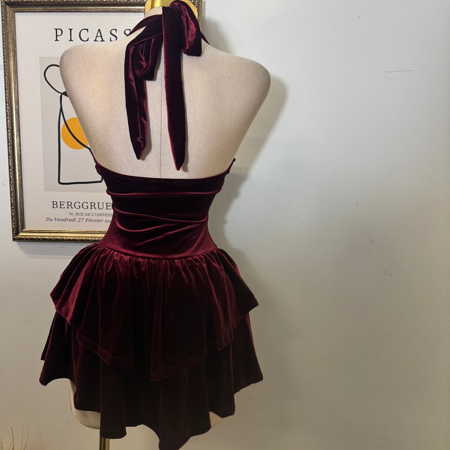 Velvet Halter Double Layer Fit and Flare Dress-Burgundy
