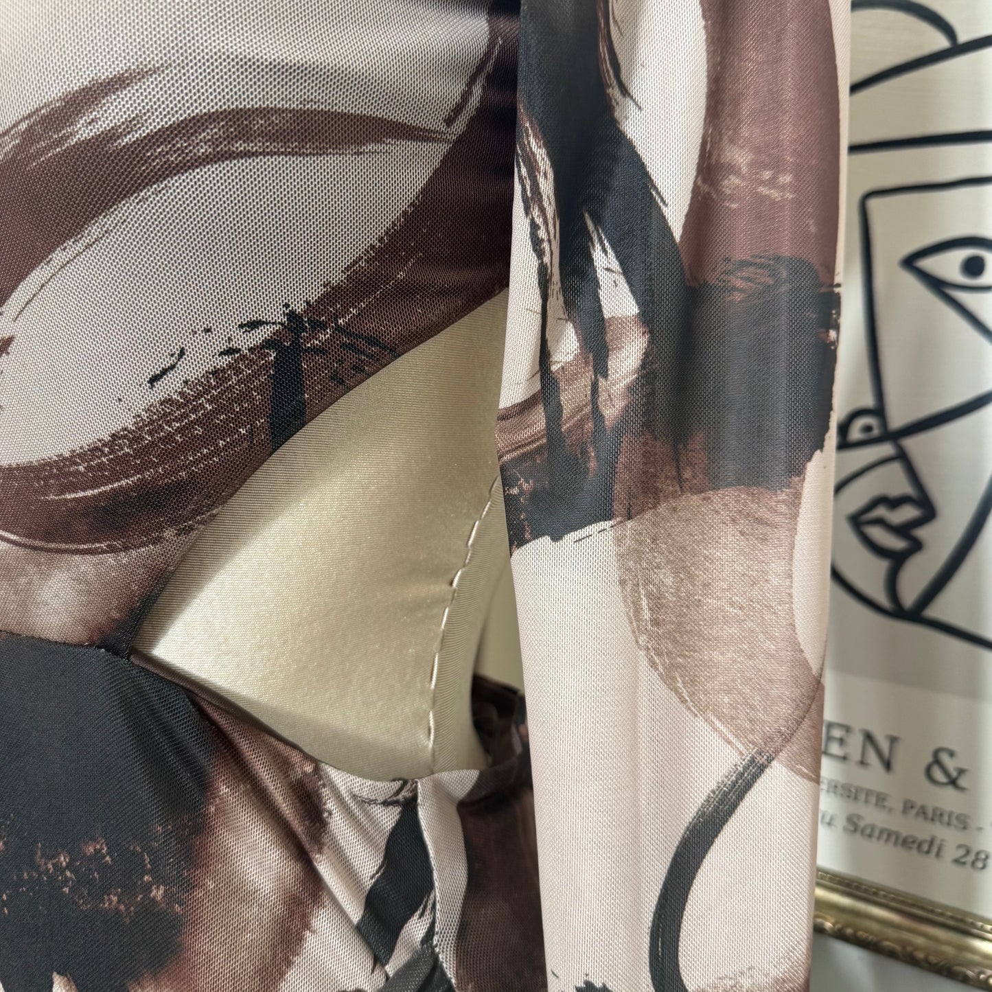 Multi Colored Front Sash Mock Neck Midi Dress-Brown