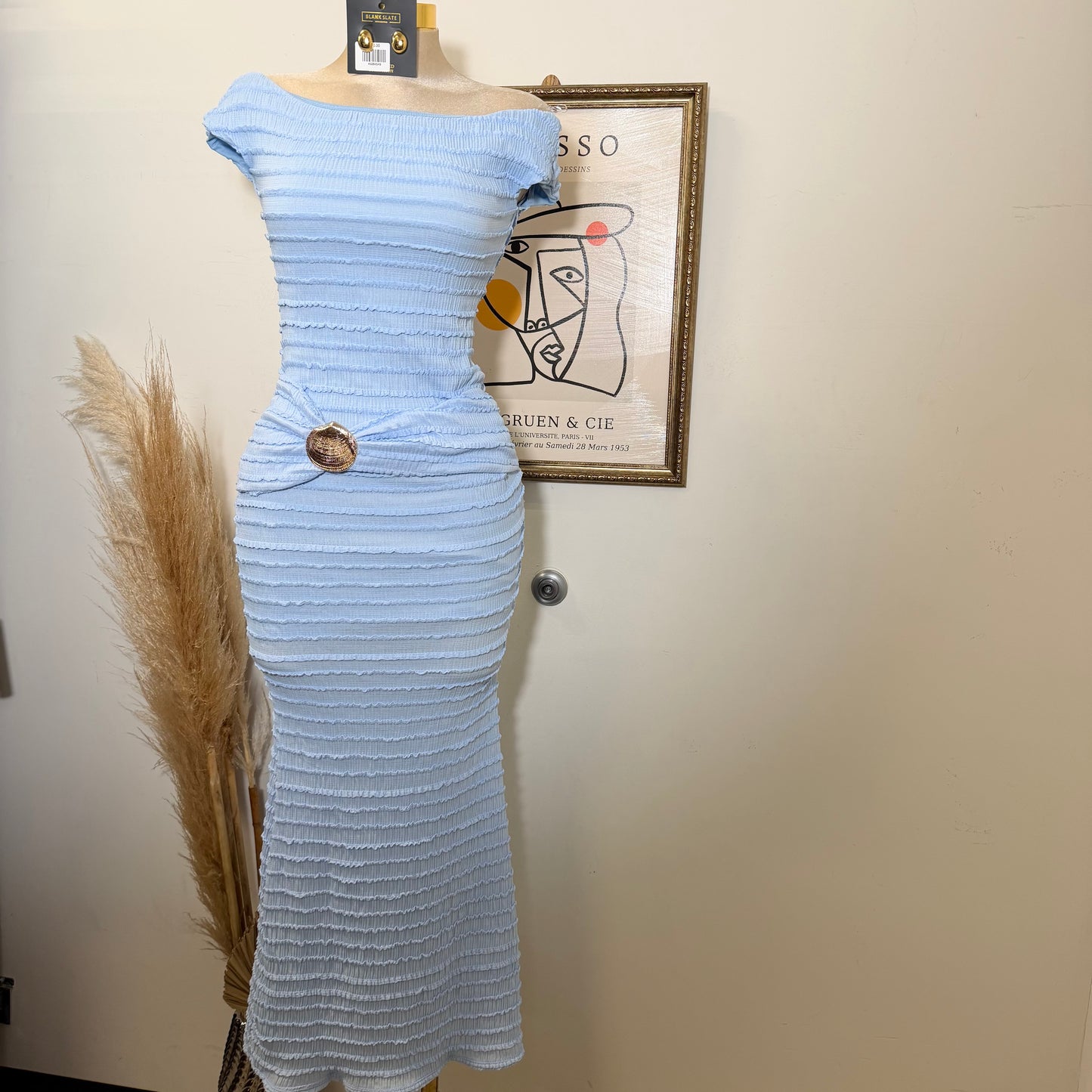 Textured Solid Off shoulder Maxi dress-Blue