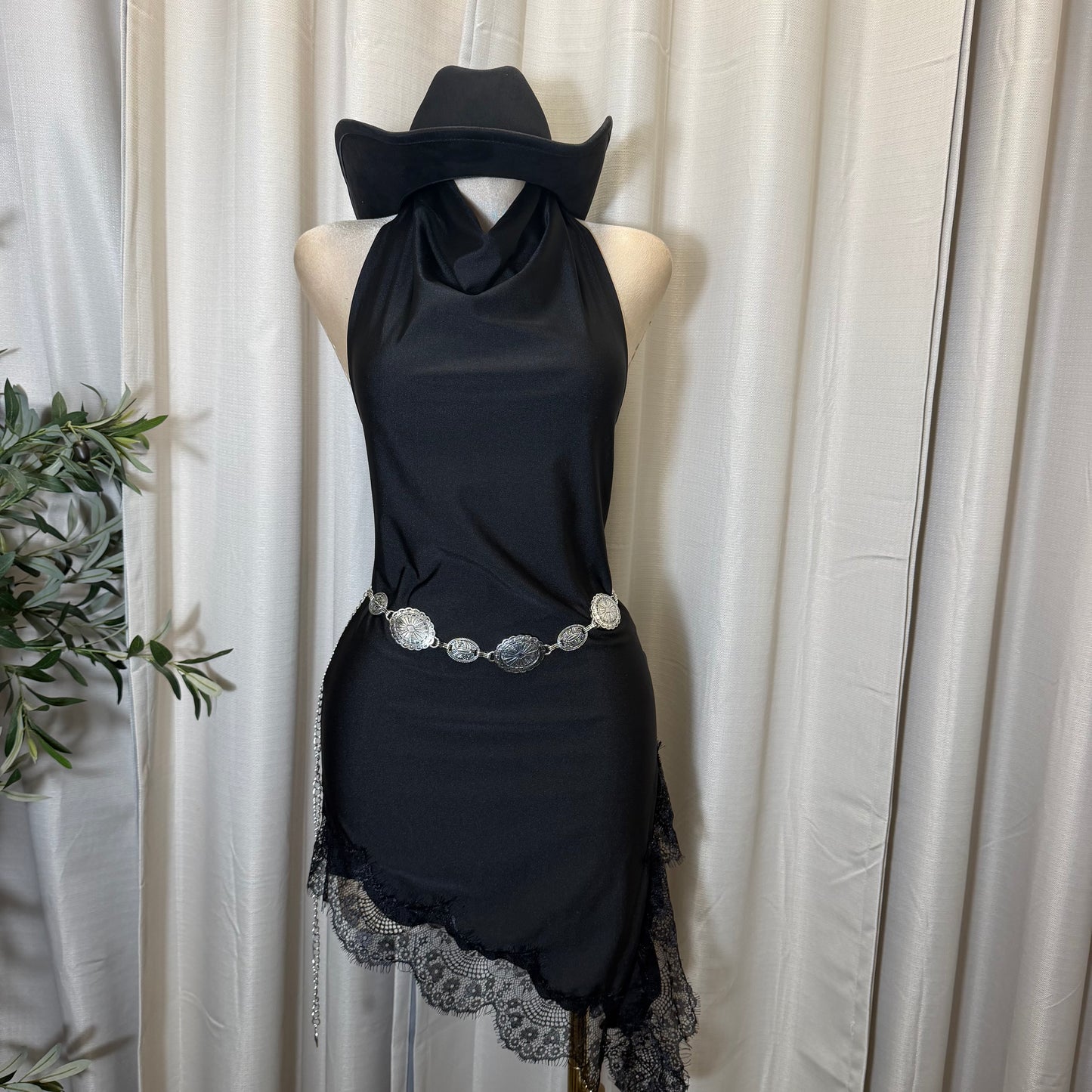 Halter Asymmetrical Lace detail Dress- Black/Black