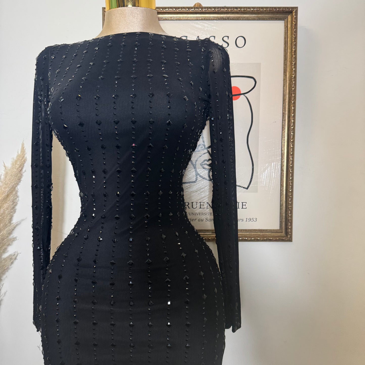 Square Rhinestone On Mesh Midi Dress-Black