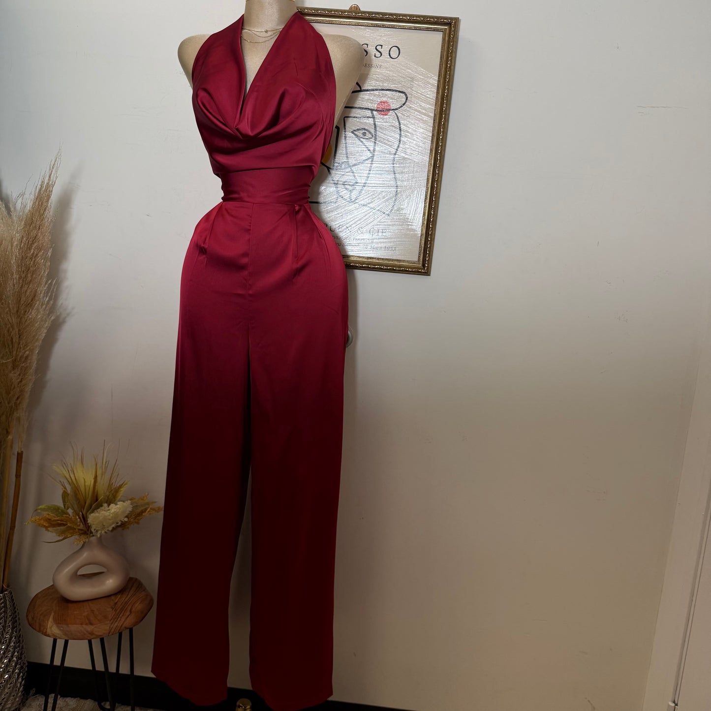 Cowl Halter Neck Wide Leg Jumpsuit-Red