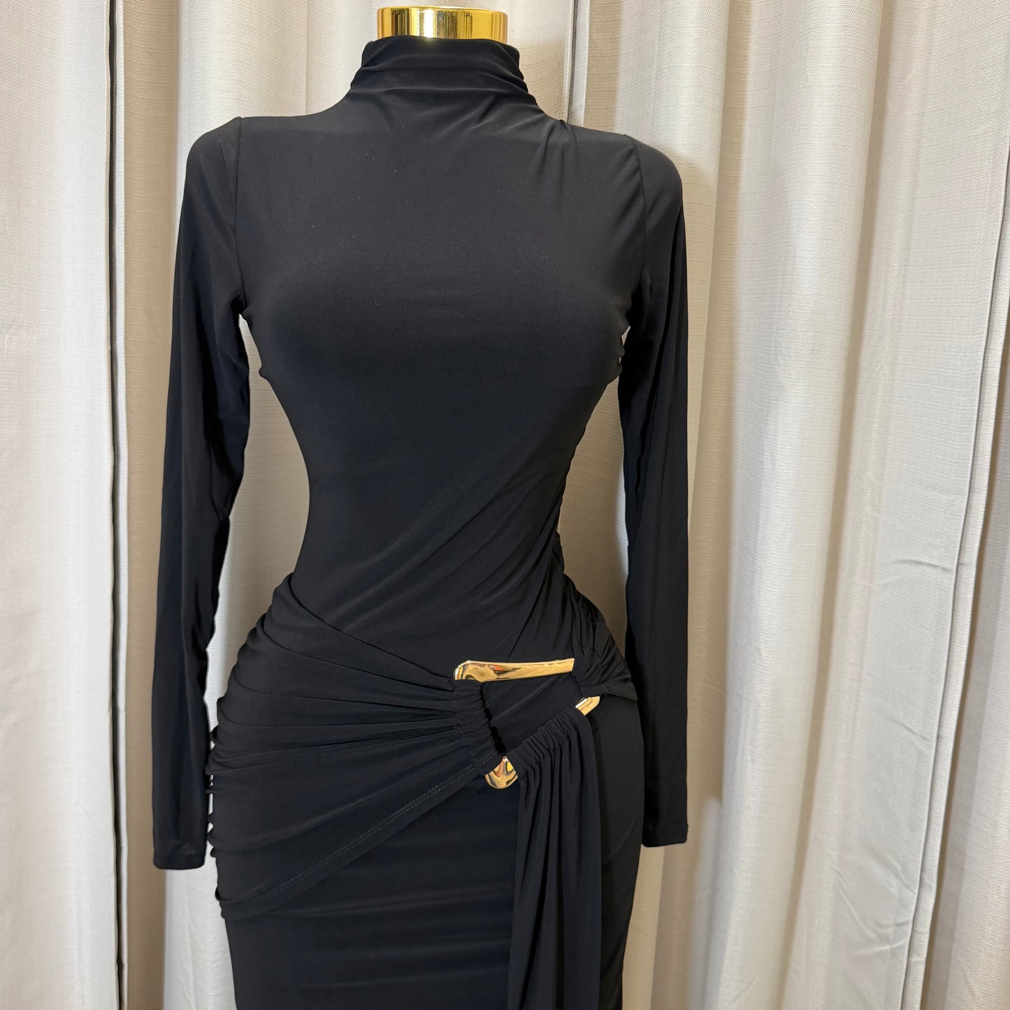 Long sleeve  Solid Double Layer Front Sash Midi Dress-Black