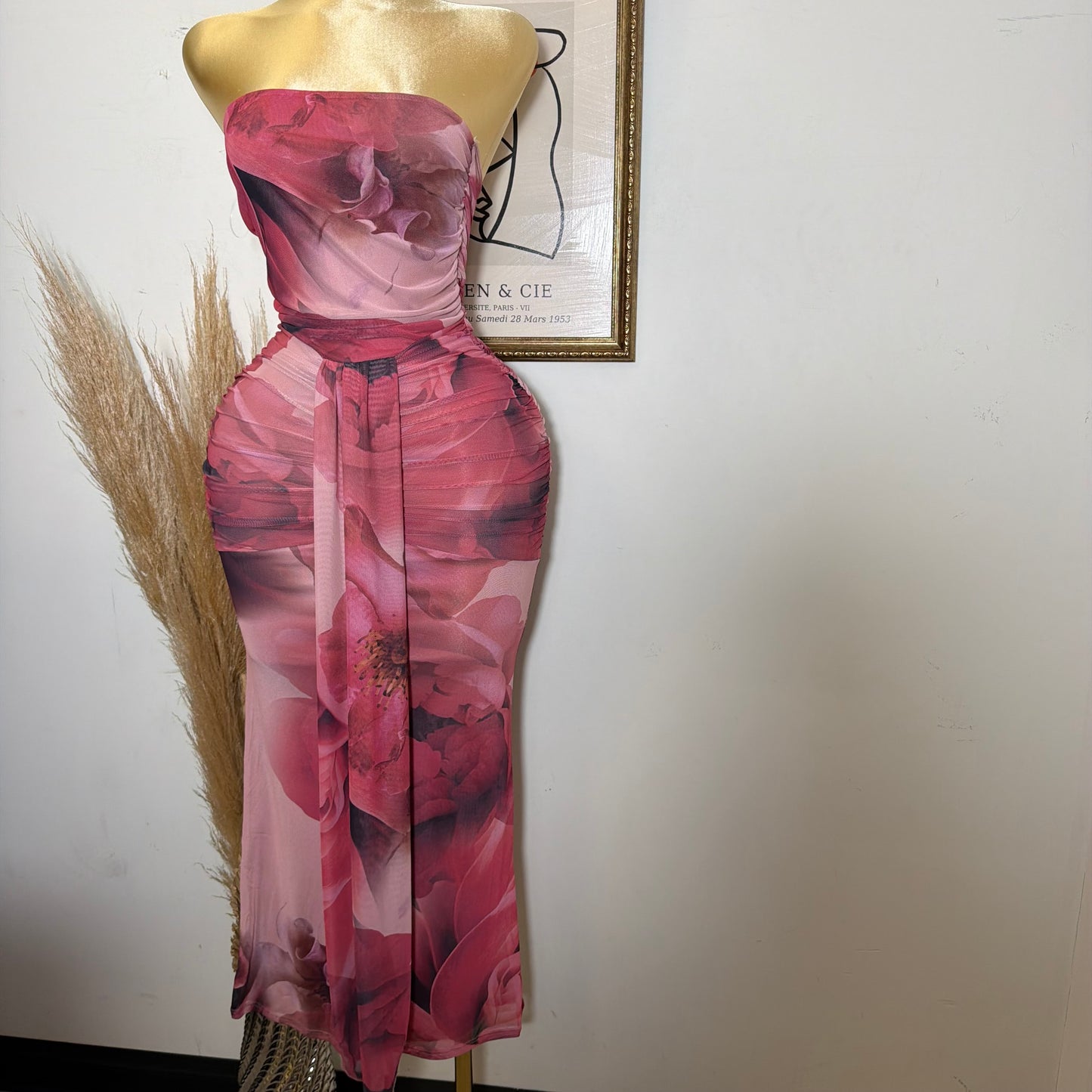Big Flower Mesh Maxi Tube Dress-Magenta Combo