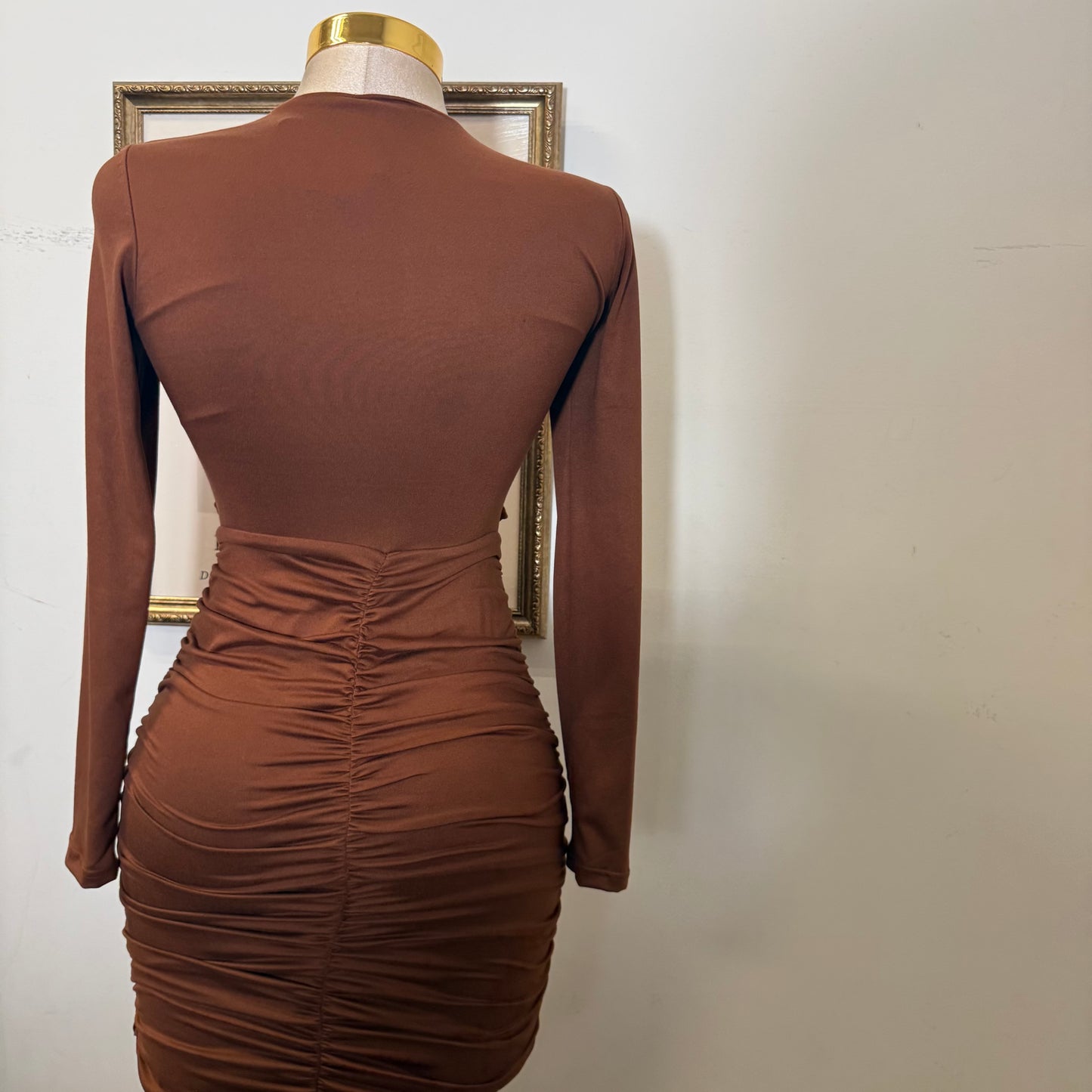 Long Sleeve Double Layered Midi Dress-Mocha
