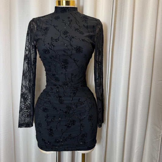 Gliteered Mesh Flocking Back Open With long sleeve -Black