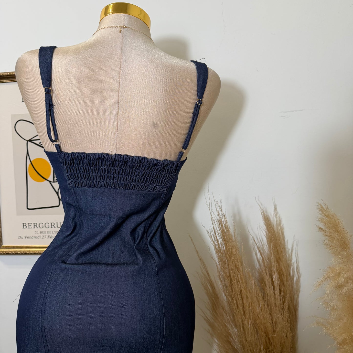 Button-Front Fitted Midi Dress-Indigo