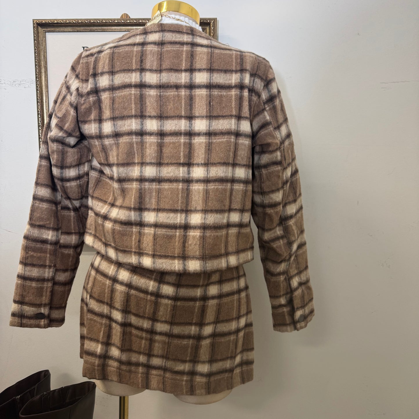 Long Sleeve Round Neck Brushed Plaid Jacket-khaki