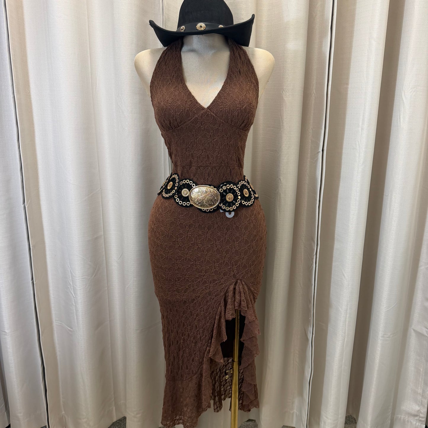 Halter Lace Midi Dress-Brown