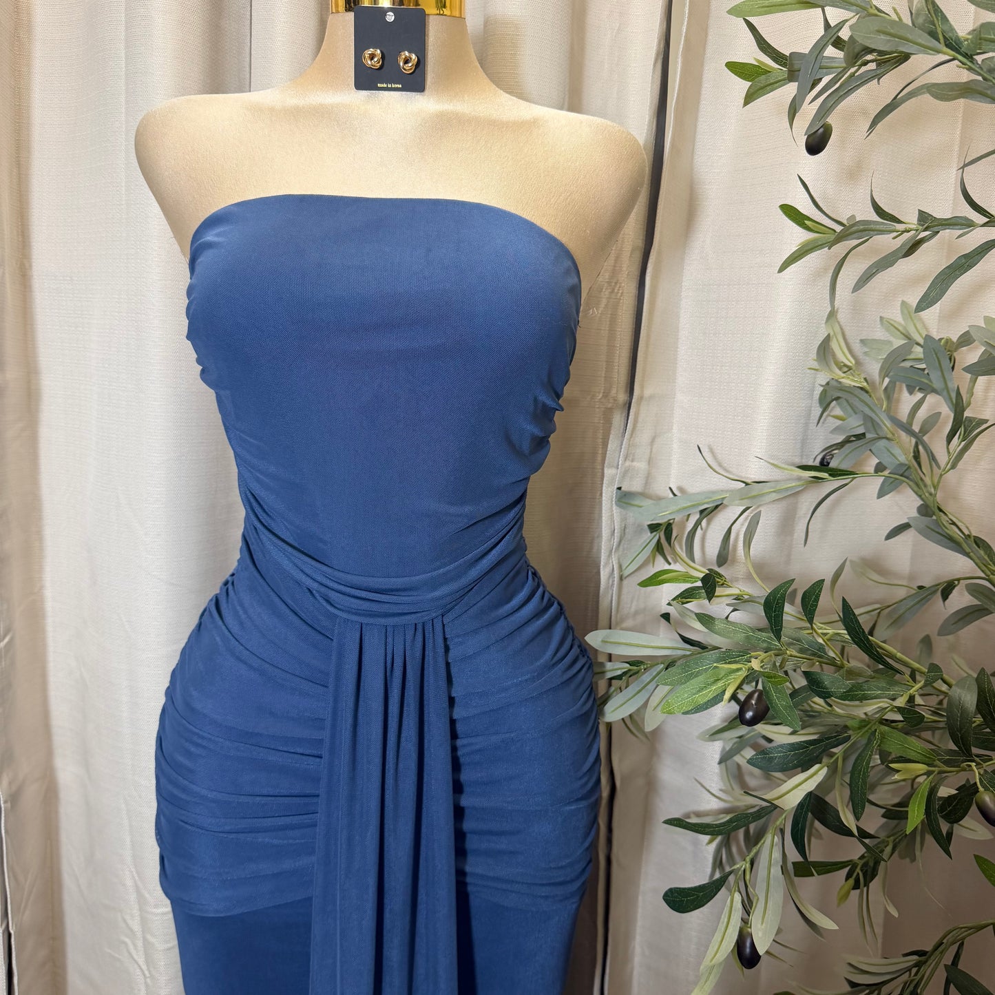 Solid Mesh Tube Maxi Dress-Denim Blue