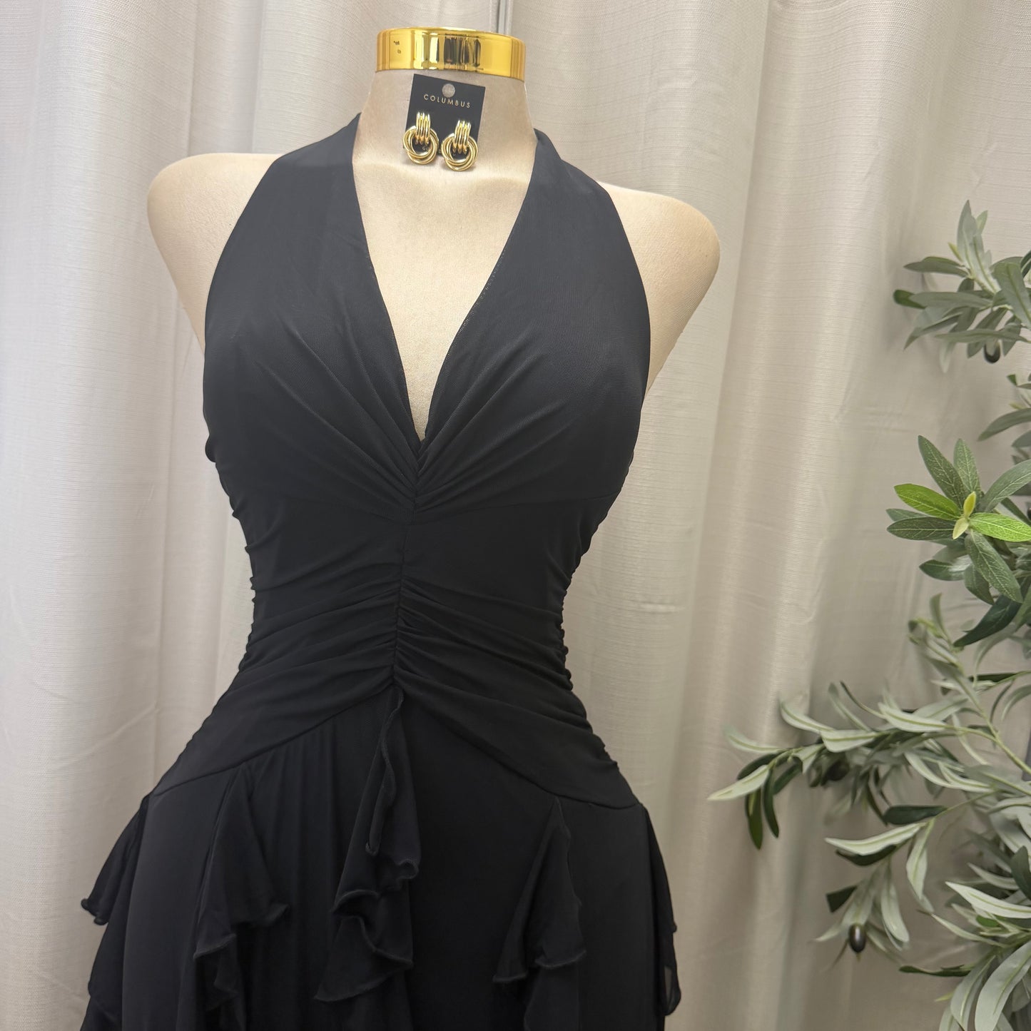 V-NECK HALTER CASCADE RUFFLE MAXI DRESS-Black