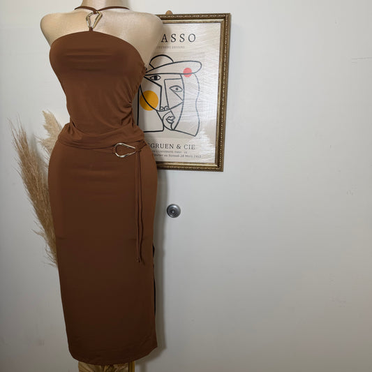 Keyhole Halter Top W/ Midi Skirt Set-brown