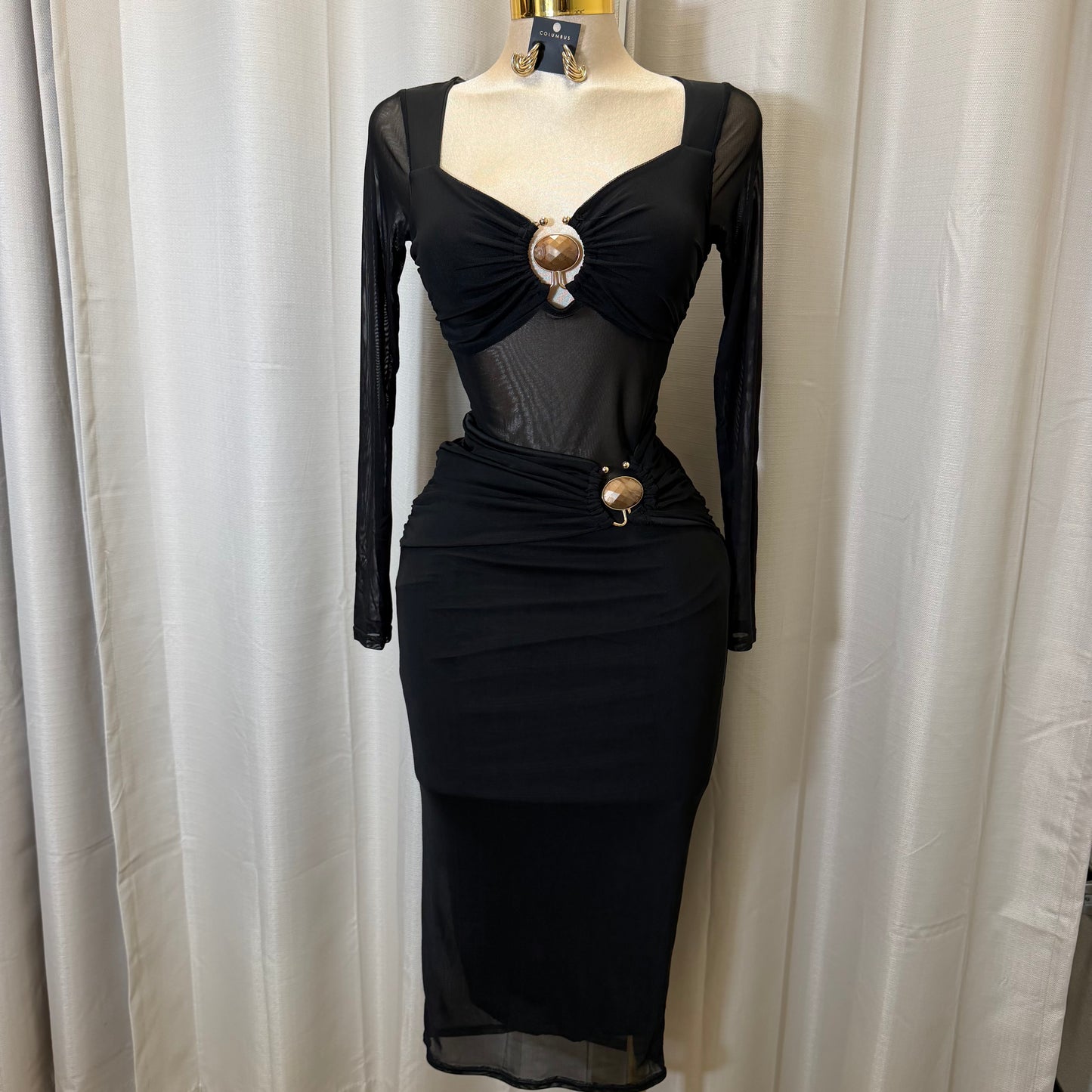 Front Trim mesh Midi dress-Black