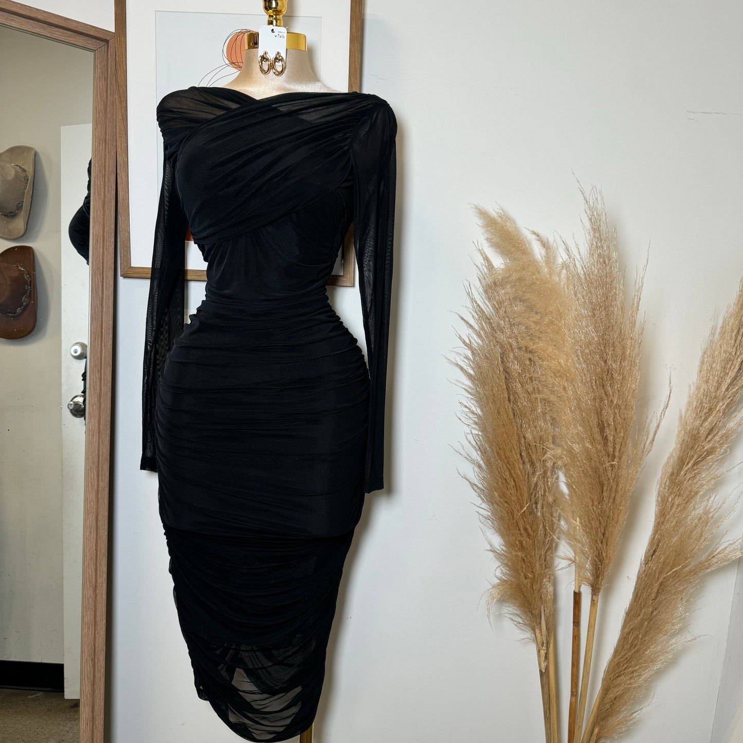 Long Sleeve Mesh Surplus Front Ruched Midi Dress-Black