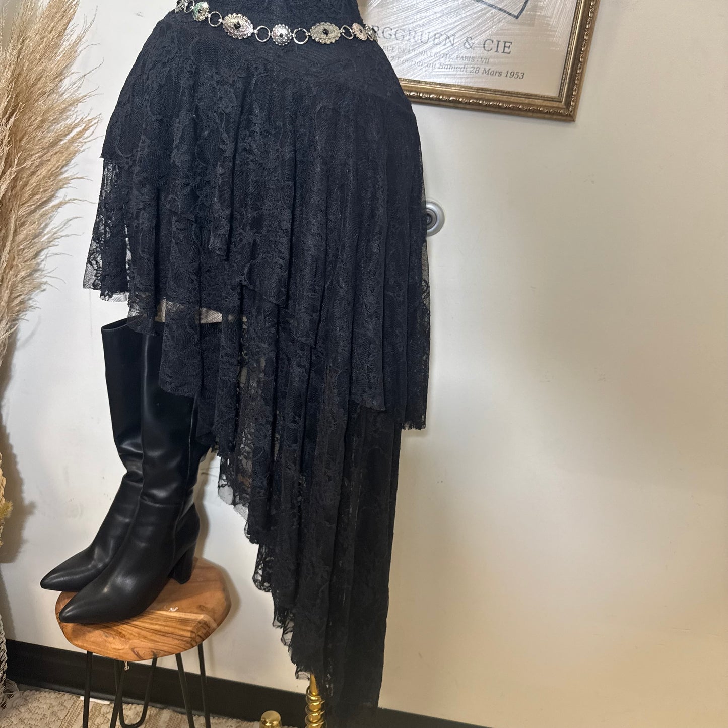 Lace Double Layer Ruffle Asymmetrical Maxi Dress-Black