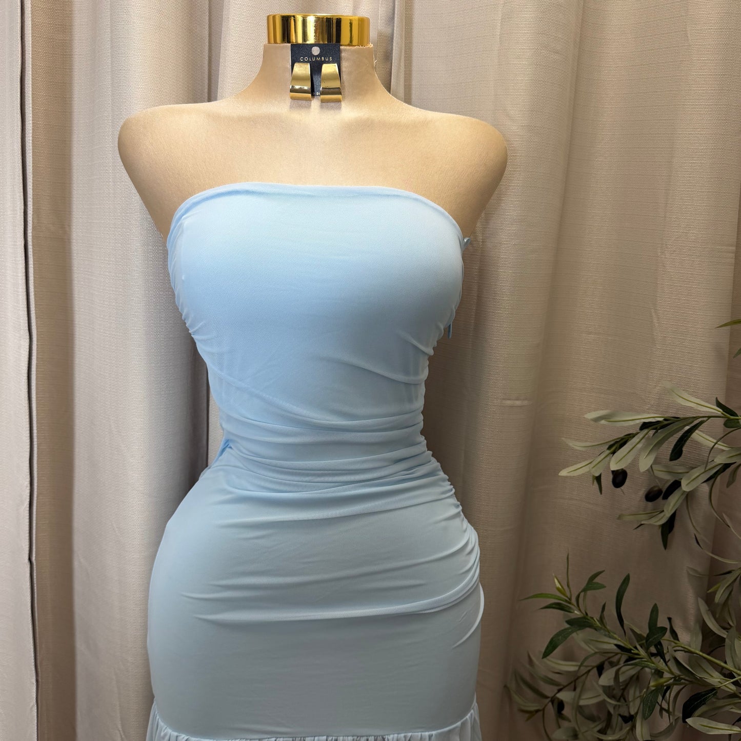 STRAPLESS RUCHED BODICE DROP WAIST MAXI DRESS-Baby Blue