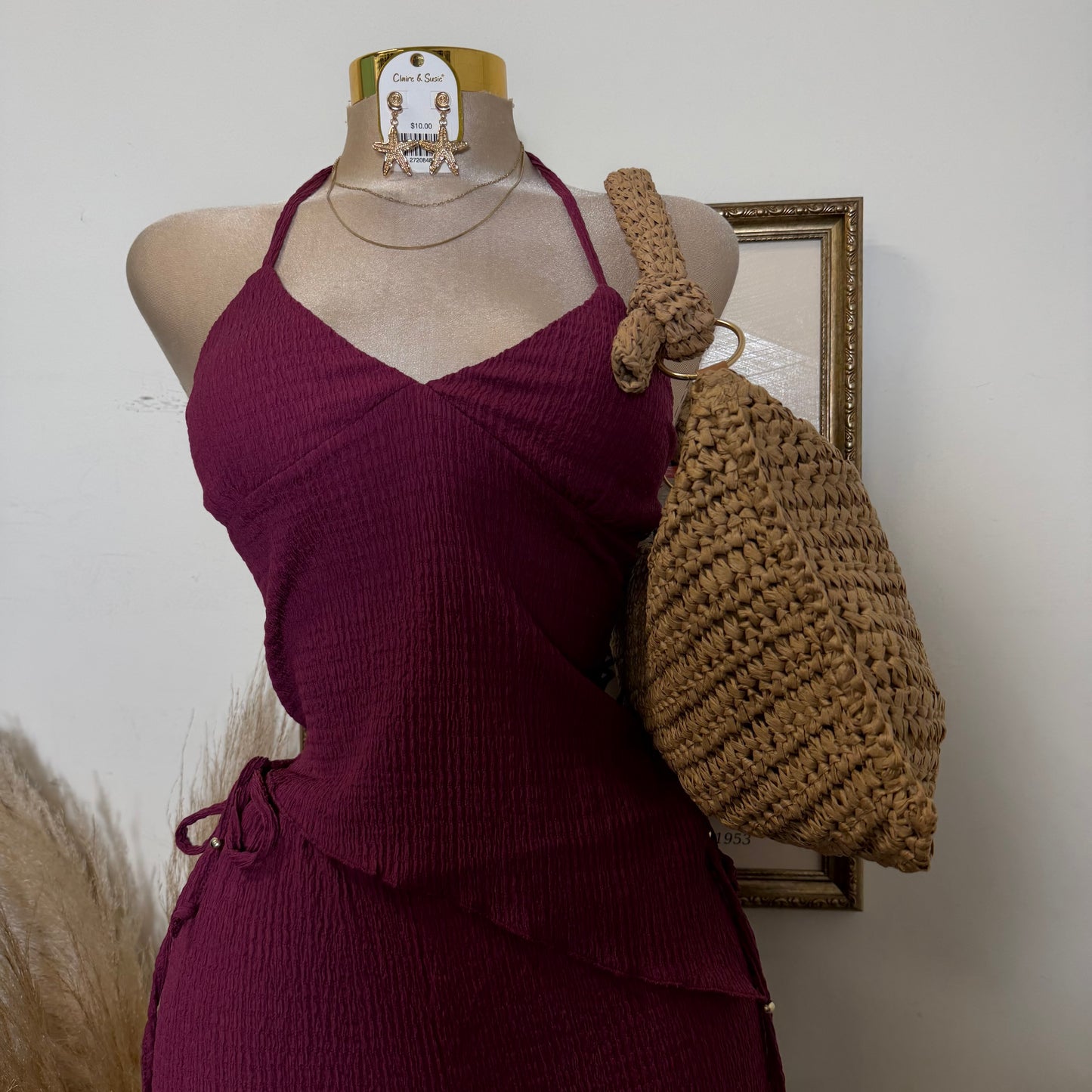Asymmetrical hem Halter Top Wide leg Set-Berry