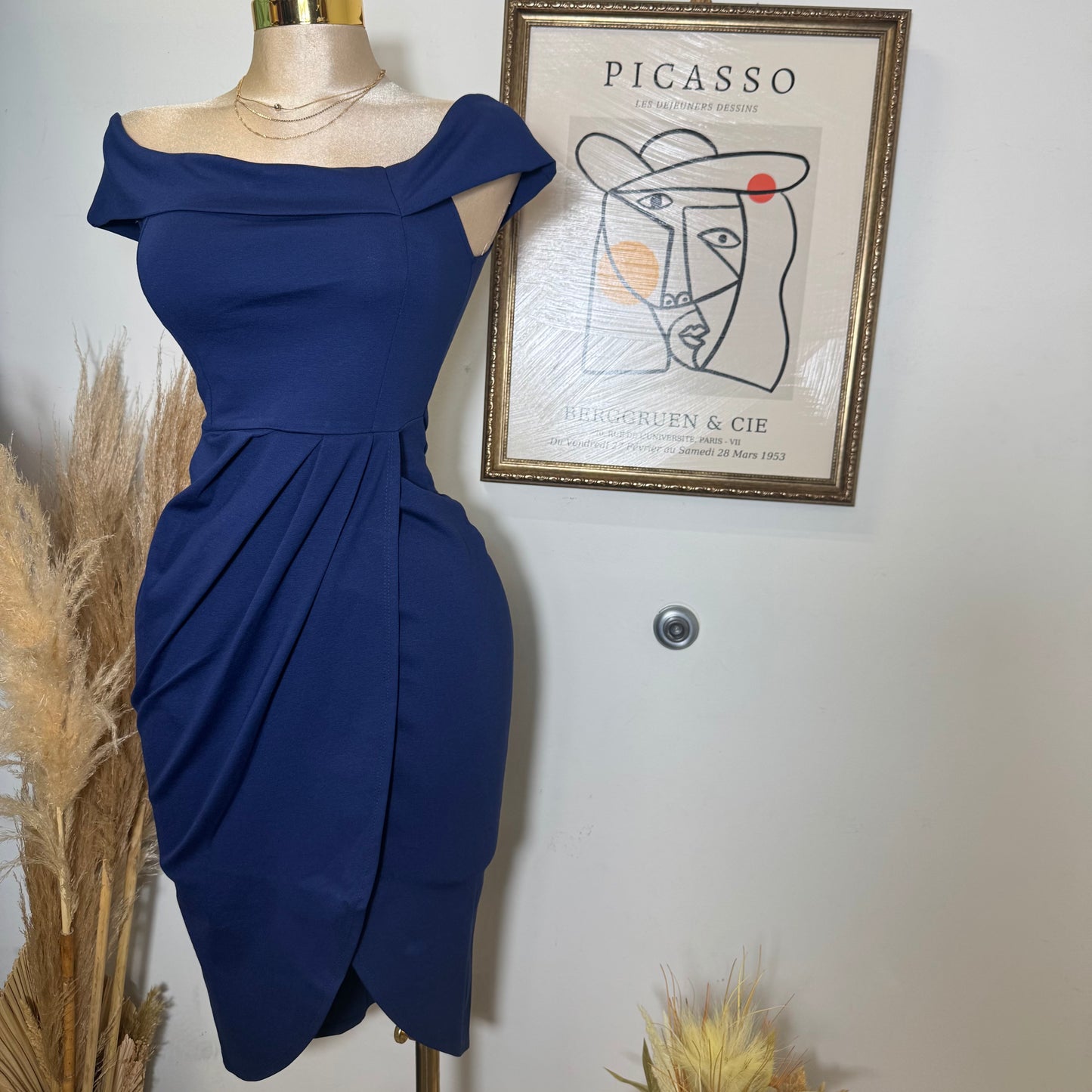 Midi Off shoulder Dress-Navy b