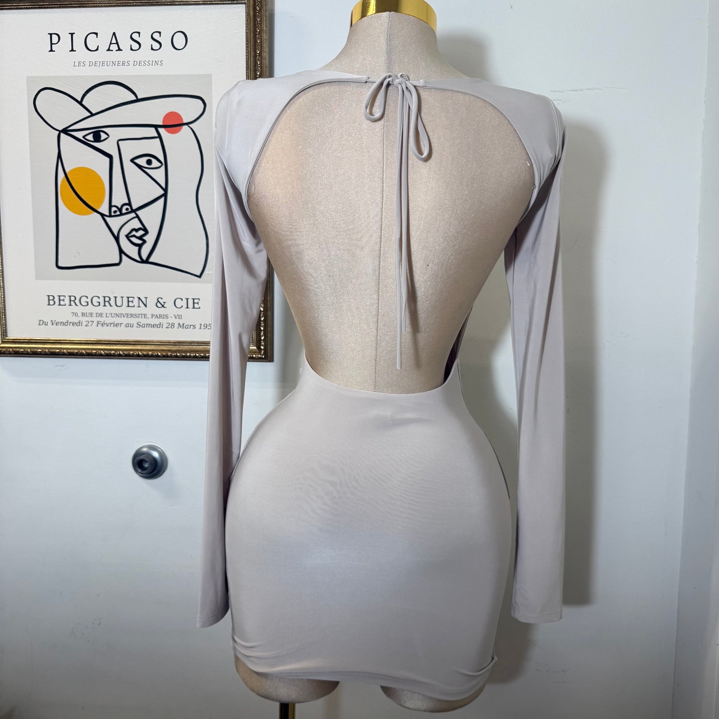Long sleeve Drape Mini Dress-Stone