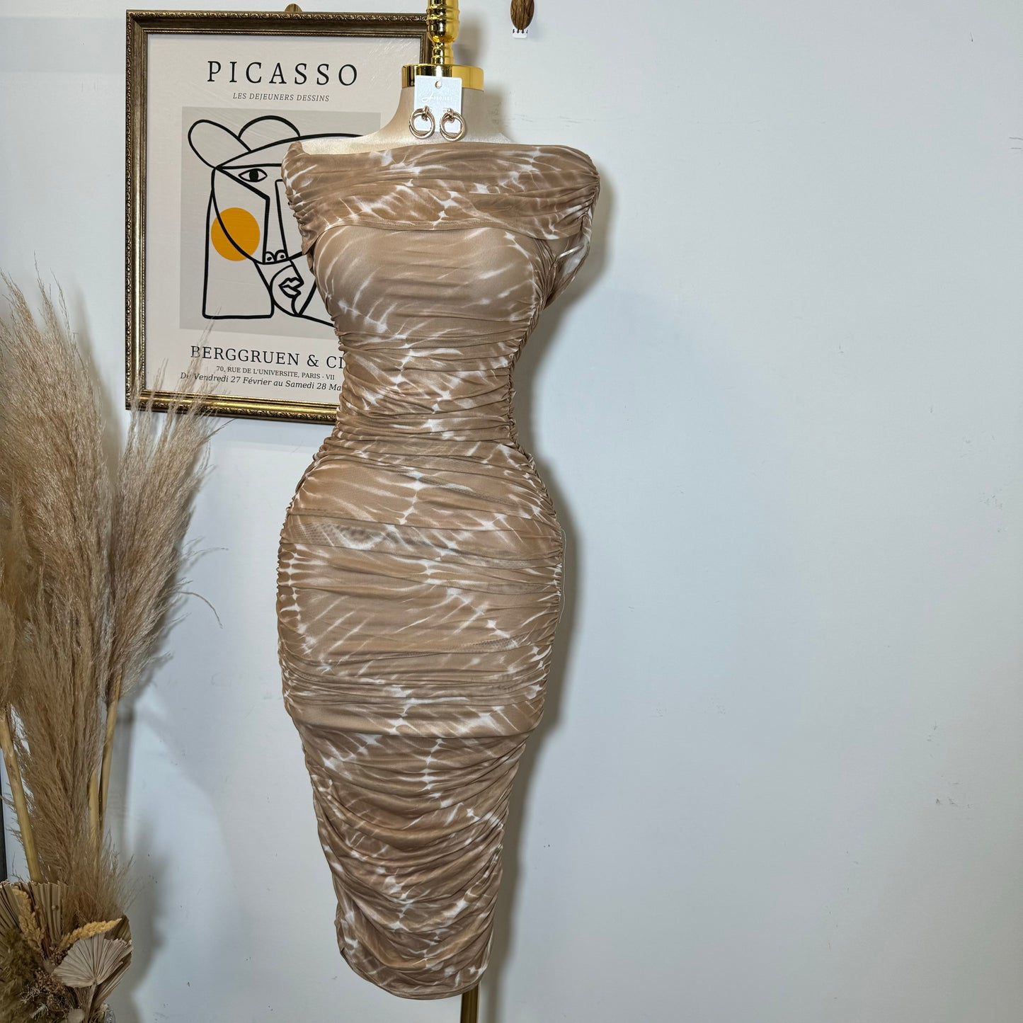 Off Shoulder Mesh Dress-Brown