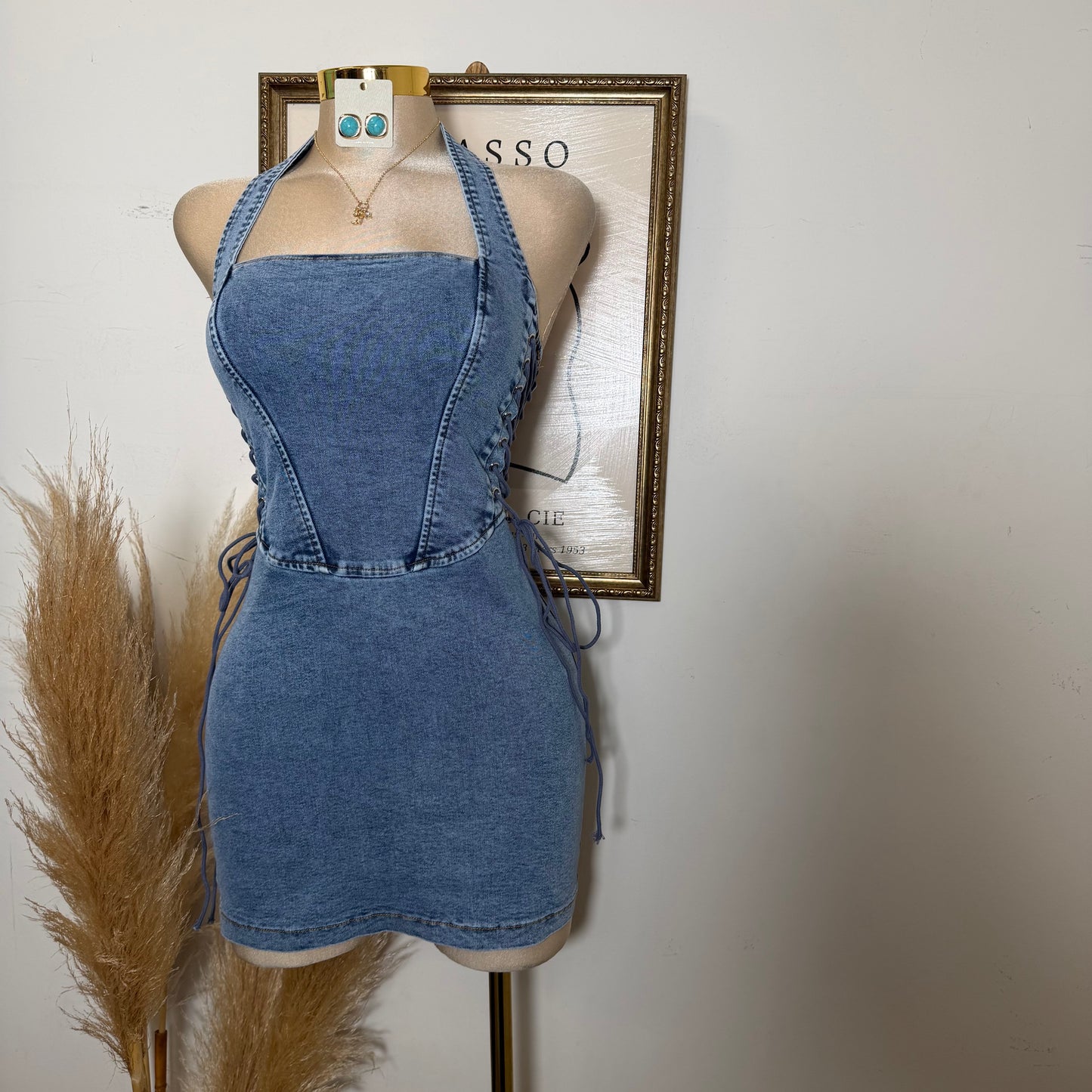 HALTER NECK SIDE LACE-UP DENIM MINI DRESS