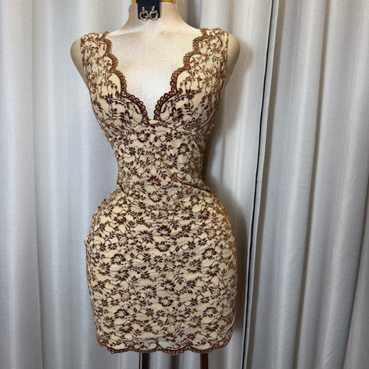 Lace Scallop short Sleeve Bodycon Mini Dress-brown with Taupe