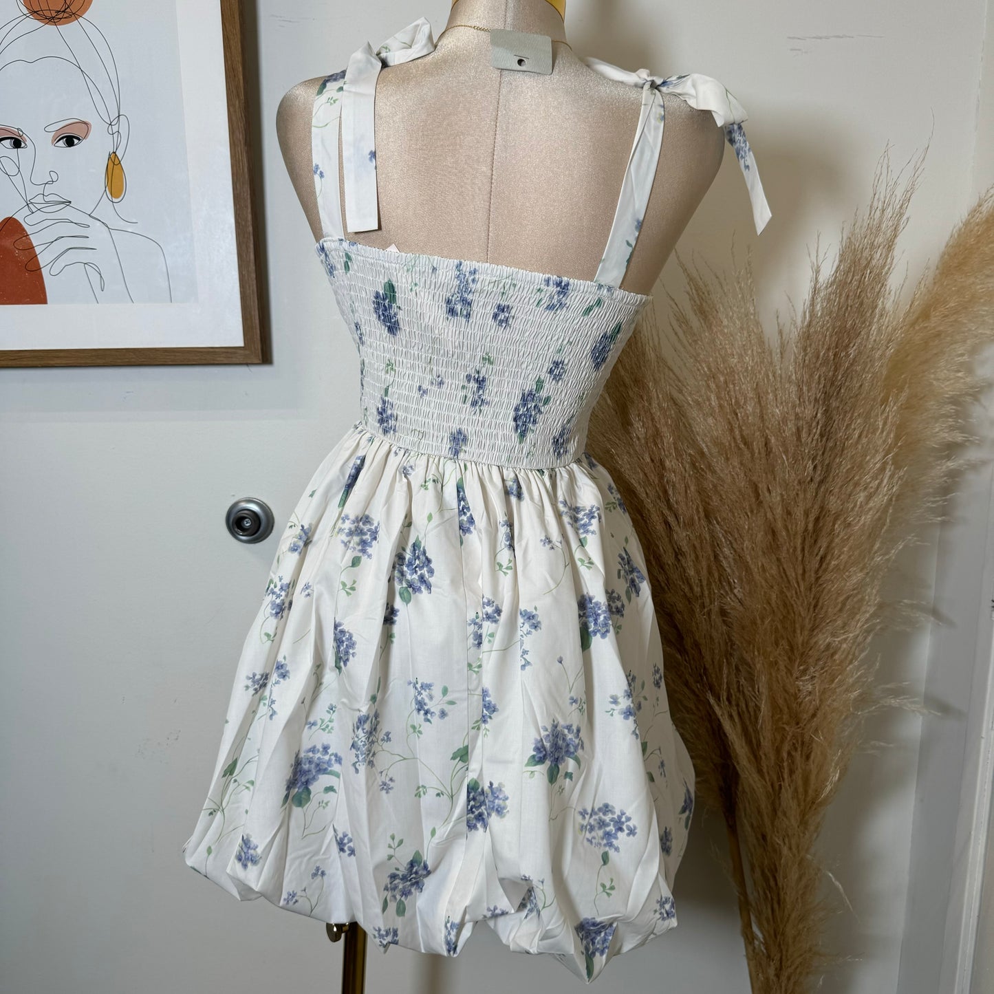 Coqueta Floral Bubble Skirt Dress-White/Blue