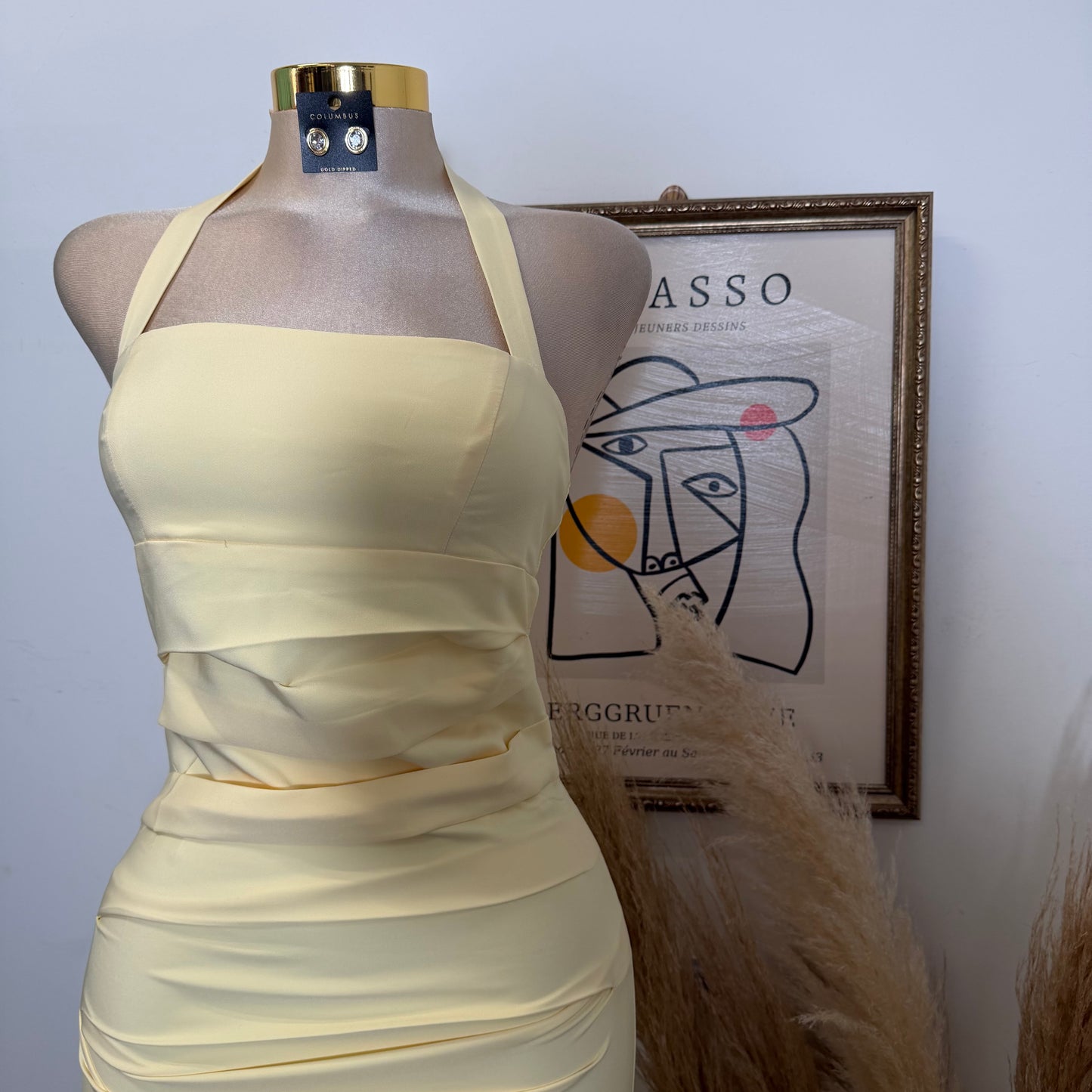 Halter Neck Structured Back Slit Maxi Dress-Baby Yellow